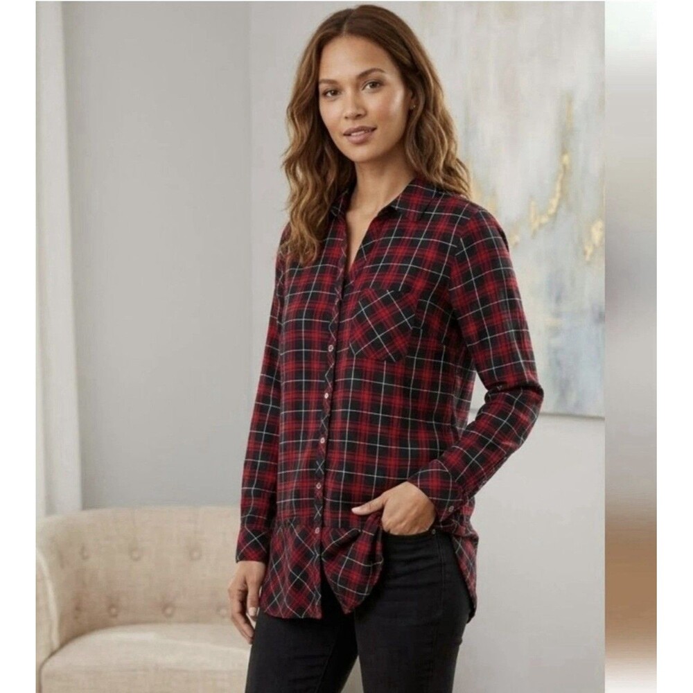 J. Jill Red Black Plaid Button-Down Long Sleeve Shirt Tunic Top Size Medium M